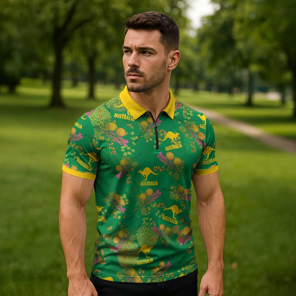 Australia Billy Buttons Zipper Polo Shirt Aussie Pycnosorus Kangaroo Seamless Style