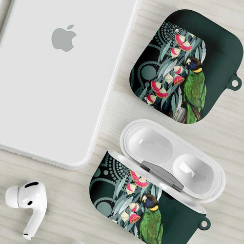 Australian Ringneck Parrot AirPods Case Barnardius Zonarius Eucalyptus Flowers Aboriginal Art