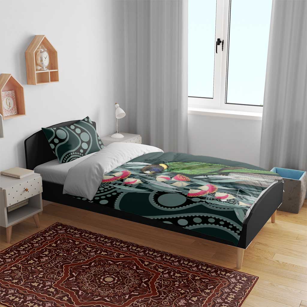 Australian Ringneck Parrot Bedding Set Barnardius Zonarius Eucalyptus Flowers Aboriginal Art