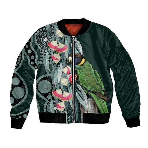 Australian Ringneck Parrot Bomber Jacket Barnardius Zonarius Eucalyptus Flowers Aboriginal Art