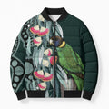 Australian Ringneck Parrot Bomber Puffer Jacket Barnardius Zonarius Eucalyptus Flowers Aboriginal Art