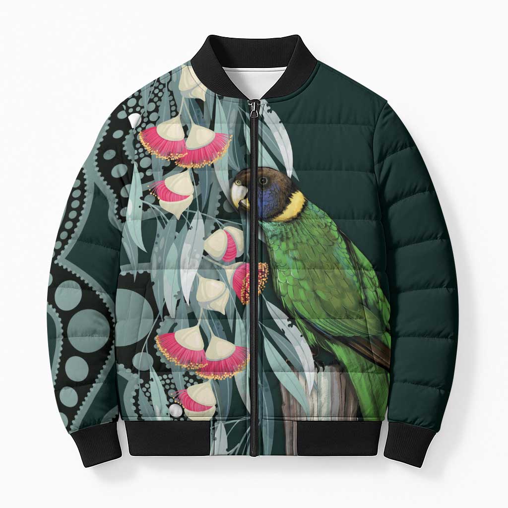 Australian Ringneck Parrot Bomber Puffer Jacket Barnardius Zonarius Eucalyptus Flowers Aboriginal Art