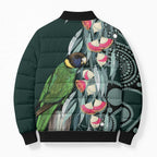 Australian Ringneck Parrot Bomber Puffer Jacket Barnardius Zonarius Eucalyptus Flowers Aboriginal Art