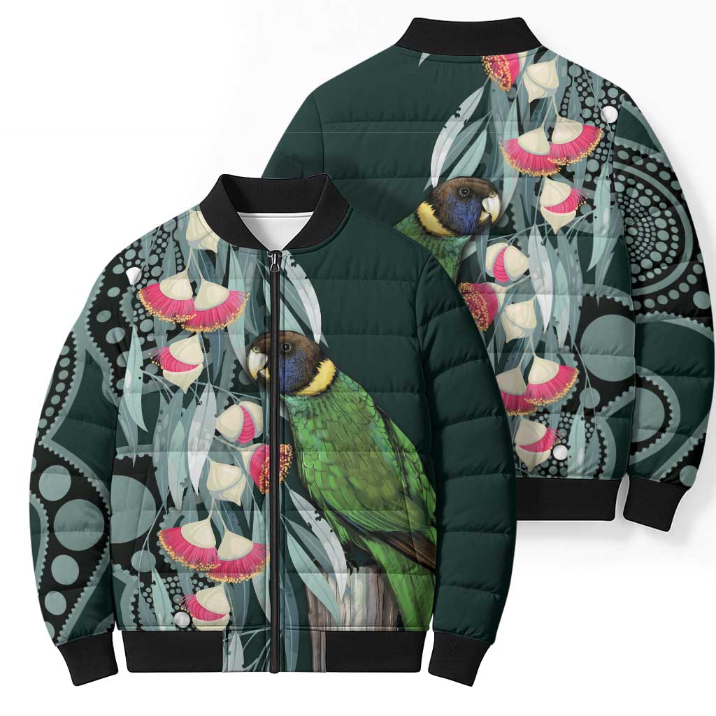 Australian Ringneck Parrot Bomber Puffer Jacket Barnardius Zonarius Eucalyptus Flowers Aboriginal Art