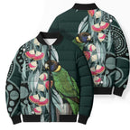 Australian Ringneck Parrot Bomber Puffer Jacket Barnardius Zonarius Eucalyptus Flowers Aboriginal Art