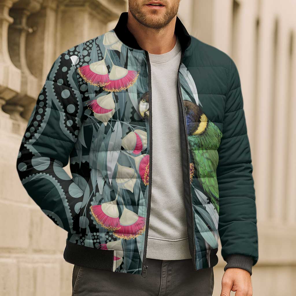 Australian Ringneck Parrot Bomber Puffer Jacket Barnardius Zonarius Eucalyptus Flowers Aboriginal Art