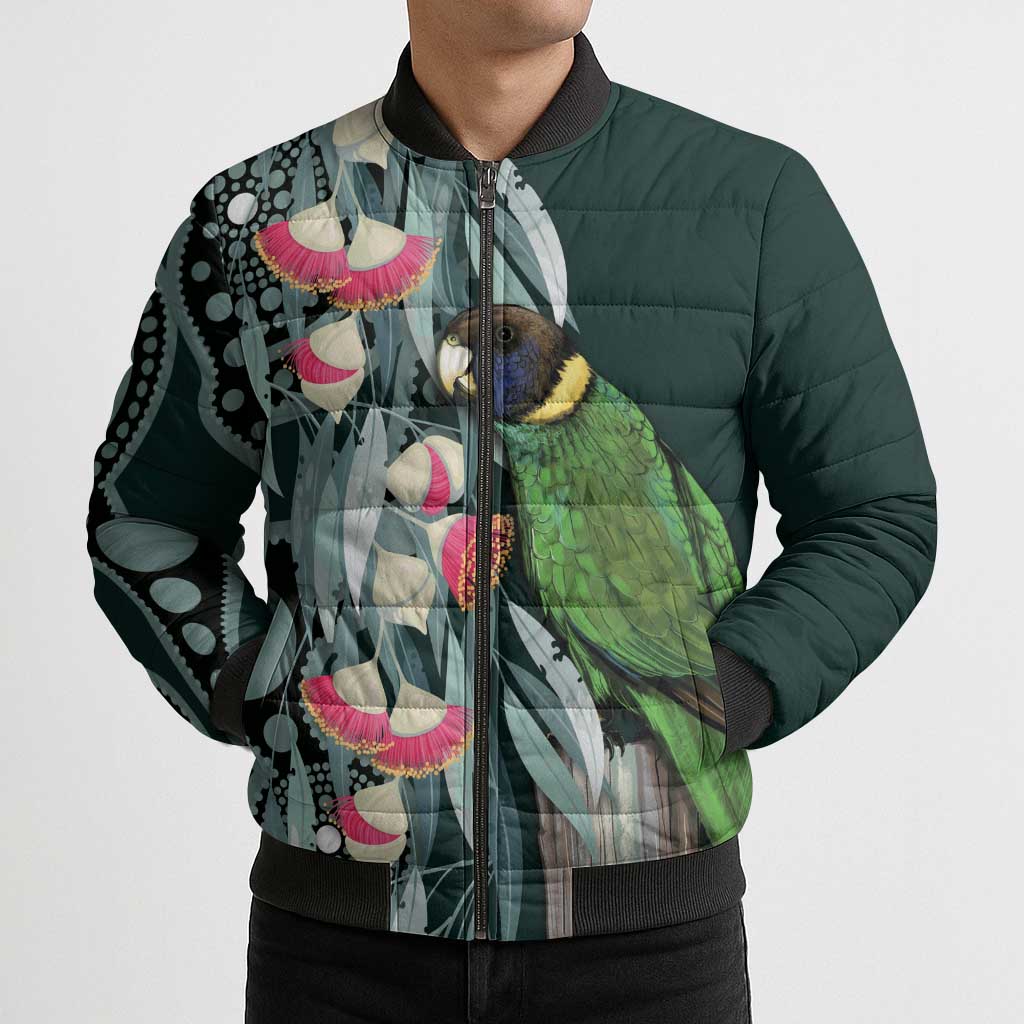 Australian Ringneck Parrot Bomber Puffer Jacket Barnardius Zonarius Eucalyptus Flowers Aboriginal Art