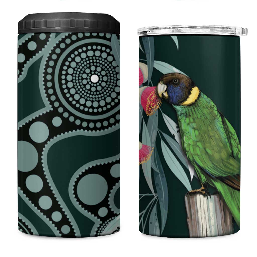 Australian Ringneck Parrot 4 in 1 Can Cooler Tumbler Barnardius Zonarius Eucalyptus Flowers Aboriginal Art