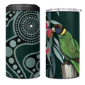 Australian Ringneck Parrot 4 in 1 Can Cooler Tumbler Barnardius Zonarius Eucalyptus Flowers Aboriginal Art