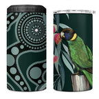 Australian Ringneck Parrot 4 in 1 Can Cooler Tumbler Barnardius Zonarius Eucalyptus Flowers Aboriginal Art