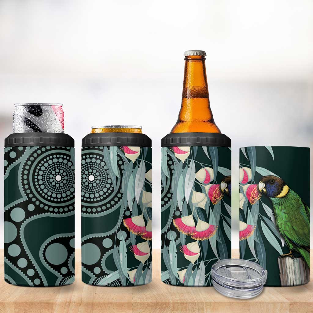 Australian Ringneck Parrot 4 in 1 Can Cooler Tumbler Barnardius Zonarius Eucalyptus Flowers Aboriginal Art