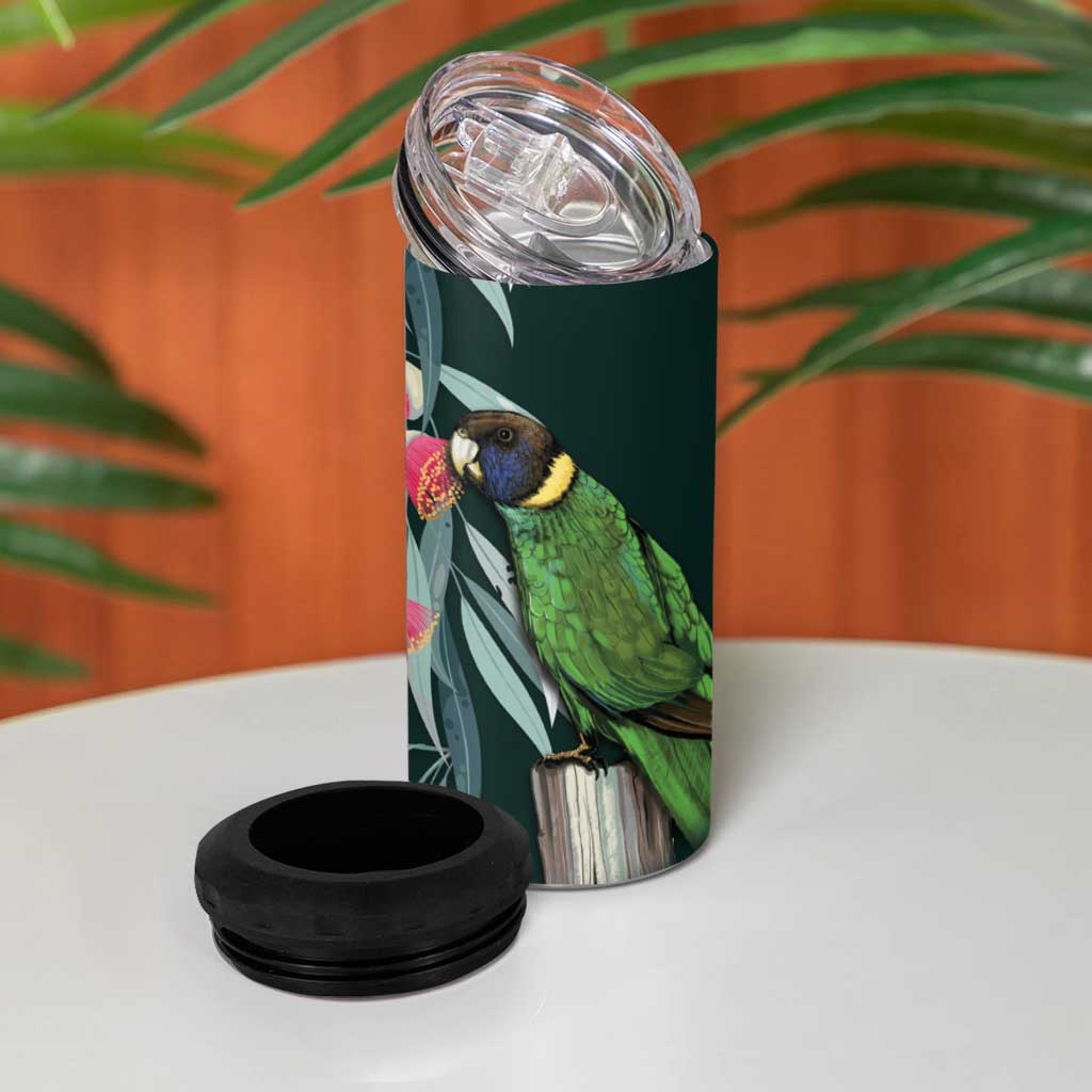 Australian Ringneck Parrot 4 in 1 Can Cooler Tumbler Barnardius Zonarius Eucalyptus Flowers Aboriginal Art