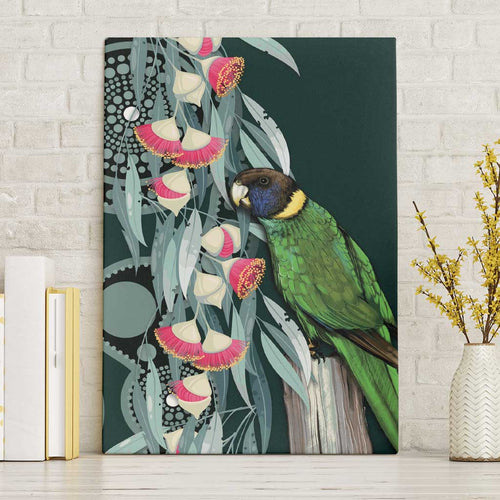 Australian Ringneck Parrot Canvas Wall Art Barnardius Zonarius Eucalyptus Flowers Aboriginal Art