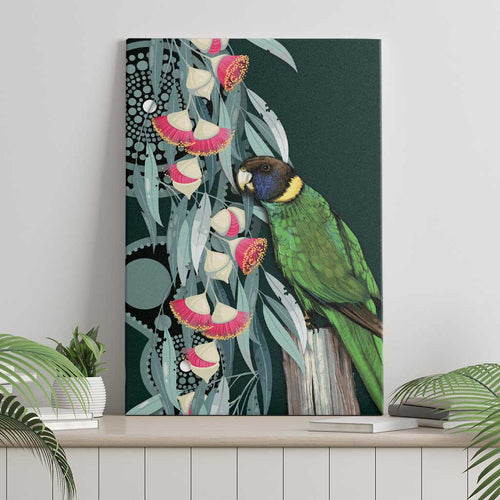 Australian Ringneck Parrot Canvas Wall Art Barnardius Zonarius Eucalyptus Flowers Aboriginal Art