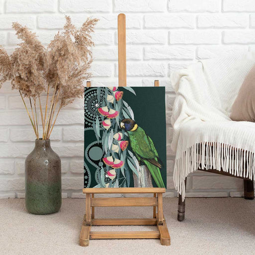 Australian Ringneck Parrot Canvas Wall Art Barnardius Zonarius Eucalyptus Flowers Aboriginal Art
