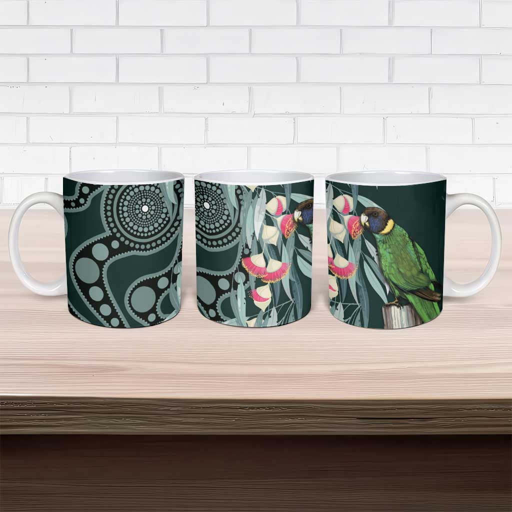 Australian Ringneck Parrot Ceramic Mug Barnardius Zonarius Eucalyptus Flowers Aboriginal Art