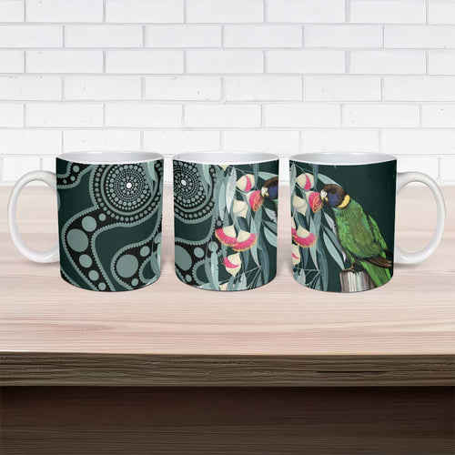Australian Ringneck Parrot Ceramic Mug Barnardius Zonarius Eucalyptus Flowers Aboriginal Art