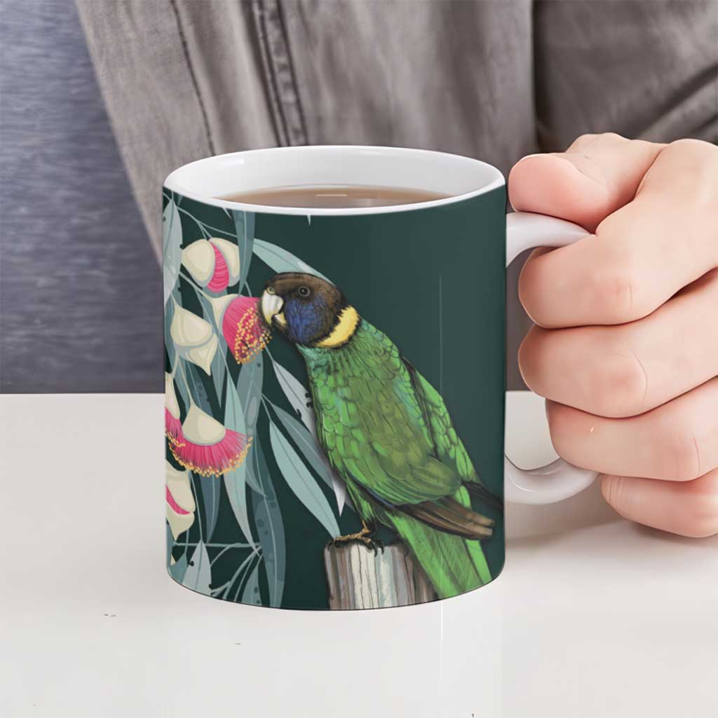 Australian Ringneck Parrot Ceramic Mug Barnardius Zonarius Eucalyptus Flowers Aboriginal Art
