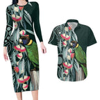 Australian Ringneck Parrot Couples Matching Long Sleeve Bodycon Dress and Hawaiian Shirt Barnardius Zonarius Eucalyptus Flowers Aboriginal Art