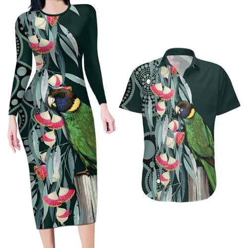 Australian Ringneck Parrot Couples Matching Long Sleeve Bodycon Dress and Hawaiian Shirt Barnardius Zonarius Eucalyptus Flowers Aboriginal Art