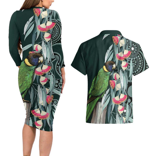 Australian Ringneck Parrot Couples Matching Long Sleeve Bodycon Dress and Hawaiian Shirt Barnardius Zonarius Eucalyptus Flowers Aboriginal Art