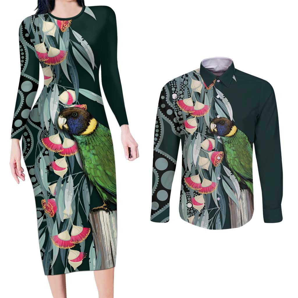 Australian Ringneck Parrot Couples Matching Long Sleeve Bodycon Dress and Long Sleeve Button Shirt Barnardius Zonarius Eucalyptus Flowers Aboriginal Art