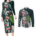 Australian Ringneck Parrot Couples Matching Long Sleeve Bodycon Dress and Long Sleeve Button Shirt Barnardius Zonarius Eucalyptus Flowers Aboriginal Art