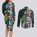 Australian Ringneck Parrot Couples Matching Long Sleeve Bodycon Dress and Long Sleeve Button Shirt Barnardius Zonarius Eucalyptus Flowers Aboriginal Art