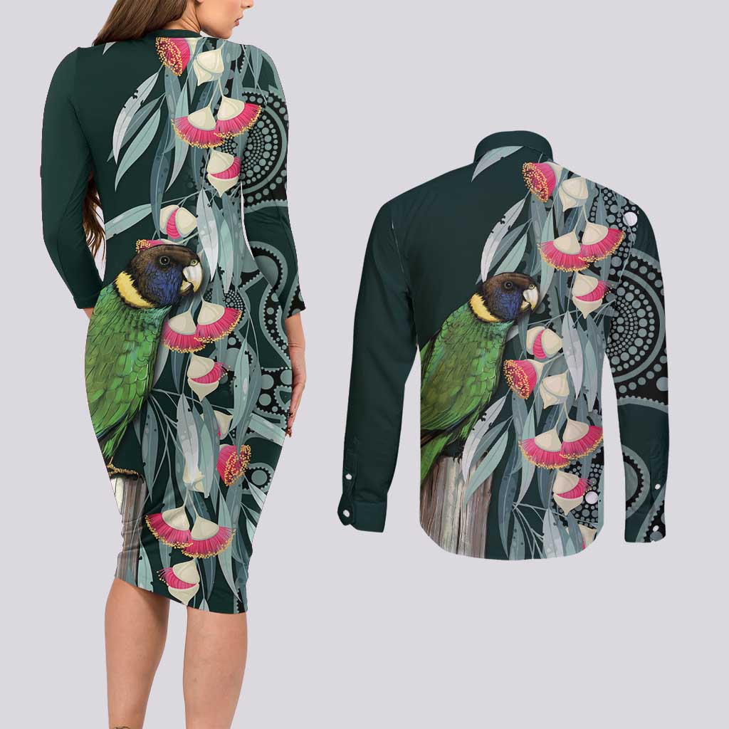 Australian Ringneck Parrot Couples Matching Long Sleeve Bodycon Dress and Long Sleeve Button Shirt Barnardius Zonarius Eucalyptus Flowers Aboriginal Art