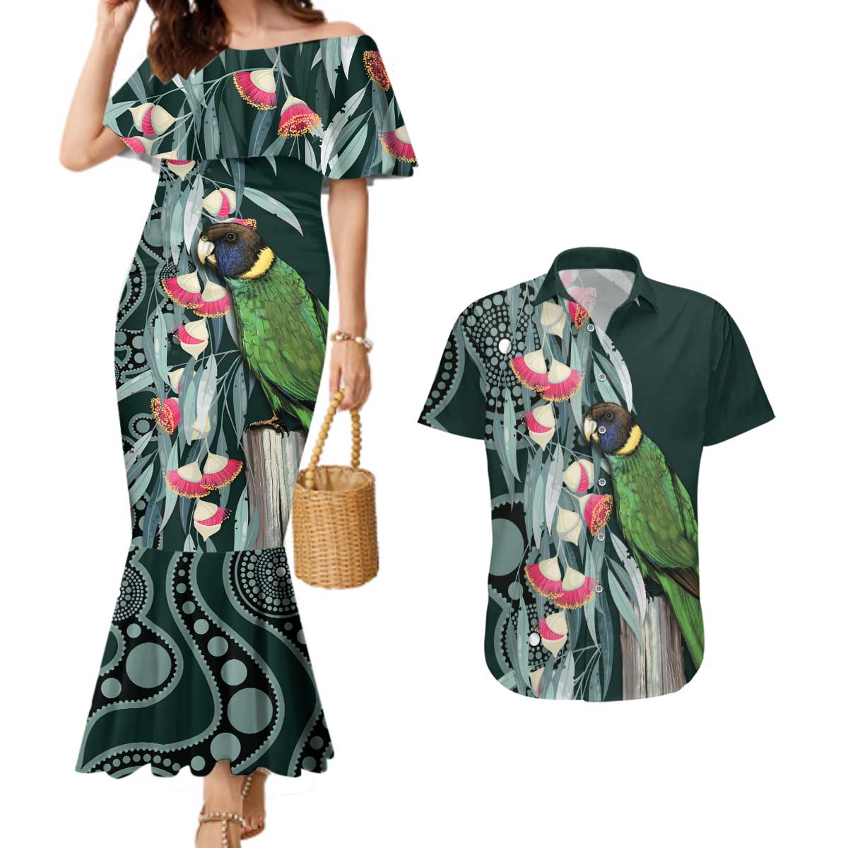 Australian Ringneck Parrot Couples Matching Mermaid Dress and Hawaiian Shirt Barnardius Zonarius Eucalyptus Flowers Aboriginal Art