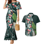 Australian Ringneck Parrot Couples Matching Mermaid Dress and Hawaiian Shirt Barnardius Zonarius Eucalyptus Flowers Aboriginal Art
