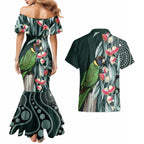Australian Ringneck Parrot Couples Matching Mermaid Dress and Hawaiian Shirt Barnardius Zonarius Eucalyptus Flowers Aboriginal Art