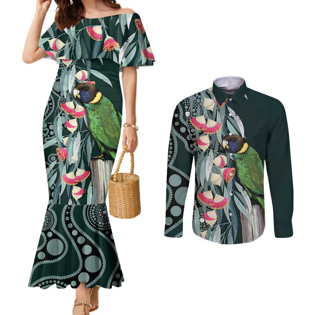 Australian Ringneck Parrot Couples Matching Mermaid Dress and Long Sleeve Button Shirt Barnardius Zonarius Eucalyptus Flowers Aboriginal Art