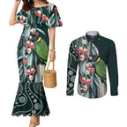 Australian Ringneck Parrot Couples Matching Mermaid Dress and Long Sleeve Button Shirt Barnardius Zonarius Eucalyptus Flowers Aboriginal Art