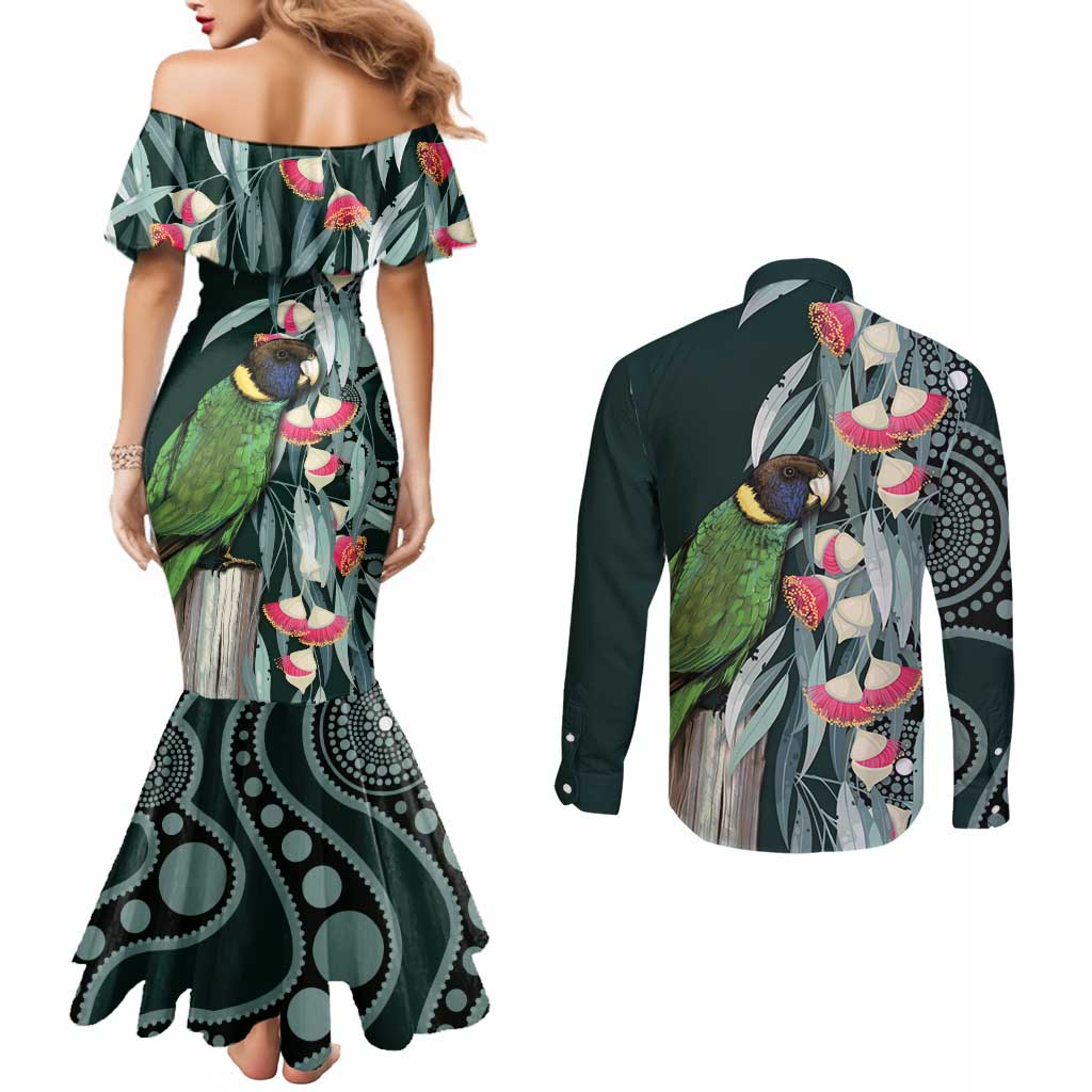 Australian Ringneck Parrot Couples Matching Mermaid Dress and Long Sleeve Button Shirt Barnardius Zonarius Eucalyptus Flowers Aboriginal Art