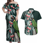 Australian Ringneck Parrot Couples Matching Off Shoulder Maxi Dress and Hawaiian Shirt Barnardius Zonarius Eucalyptus Flowers Aboriginal Art
