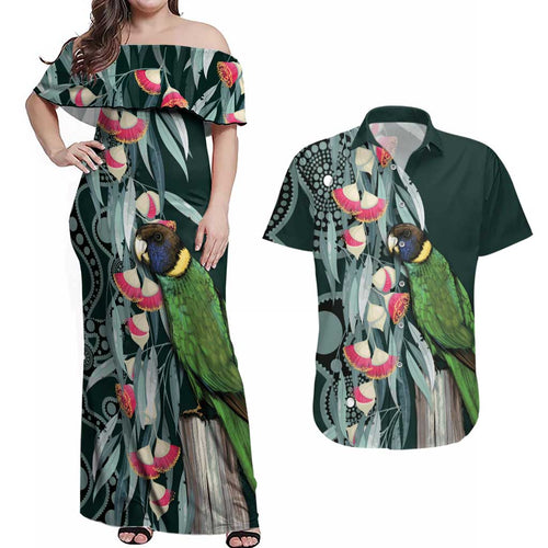 Australian Ringneck Parrot Couples Matching Off Shoulder Maxi Dress and Hawaiian Shirt Barnardius Zonarius Eucalyptus Flowers Aboriginal Art