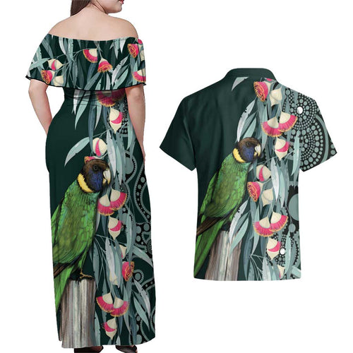 Australian Ringneck Parrot Couples Matching Off Shoulder Maxi Dress and Hawaiian Shirt Barnardius Zonarius Eucalyptus Flowers Aboriginal Art