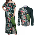 Australian Ringneck Parrot Couples Matching Off Shoulder Maxi Dress and Long Sleeve Button Shirt Barnardius Zonarius Eucalyptus Flowers Aboriginal Art