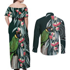 Australian Ringneck Parrot Couples Matching Off Shoulder Maxi Dress and Long Sleeve Button Shirt Barnardius Zonarius Eucalyptus Flowers Aboriginal Art