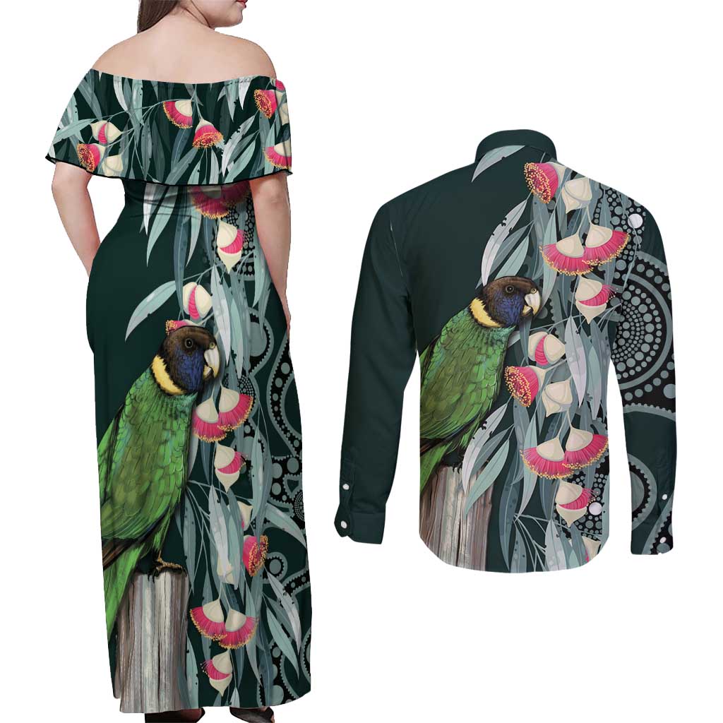 Australian Ringneck Parrot Couples Matching Off Shoulder Maxi Dress and Long Sleeve Button Shirt Barnardius Zonarius Eucalyptus Flowers Aboriginal Art