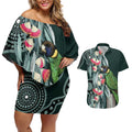 Australian Ringneck Parrot Couples Matching Off Shoulder Short Dress and Hawaiian Shirt Barnardius Zonarius Eucalyptus Flowers Aboriginal Art