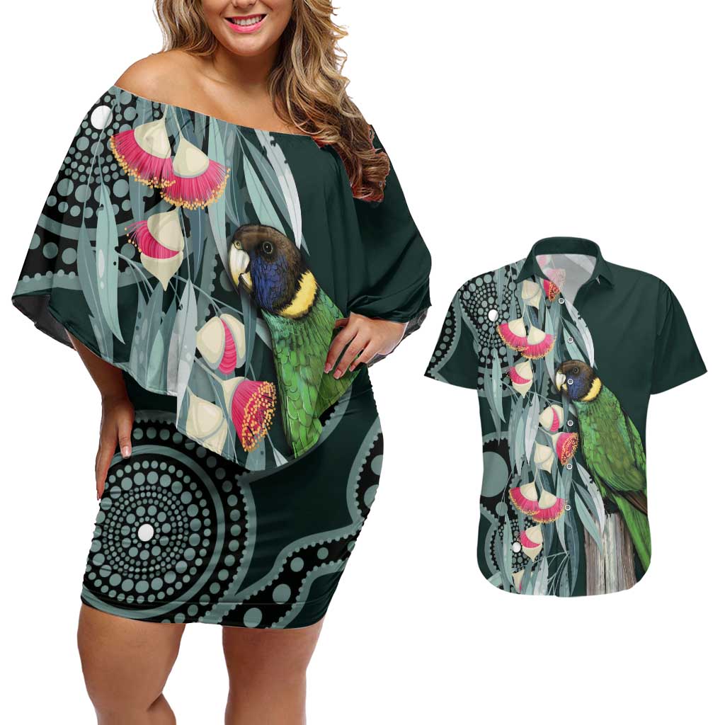 Australian Ringneck Parrot Couples Matching Off Shoulder Short Dress and Hawaiian Shirt Barnardius Zonarius Eucalyptus Flowers Aboriginal Art