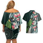 Australian Ringneck Parrot Couples Matching Off Shoulder Short Dress and Hawaiian Shirt Barnardius Zonarius Eucalyptus Flowers Aboriginal Art
