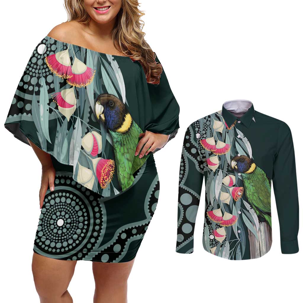 Australian Ringneck Parrot Couples Matching Off Shoulder Short Dress and Long Sleeve Button Shirt Barnardius Zonarius Eucalyptus Flowers Aboriginal Art