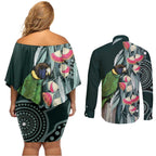 Australian Ringneck Parrot Couples Matching Off Shoulder Short Dress and Long Sleeve Button Shirt Barnardius Zonarius Eucalyptus Flowers Aboriginal Art