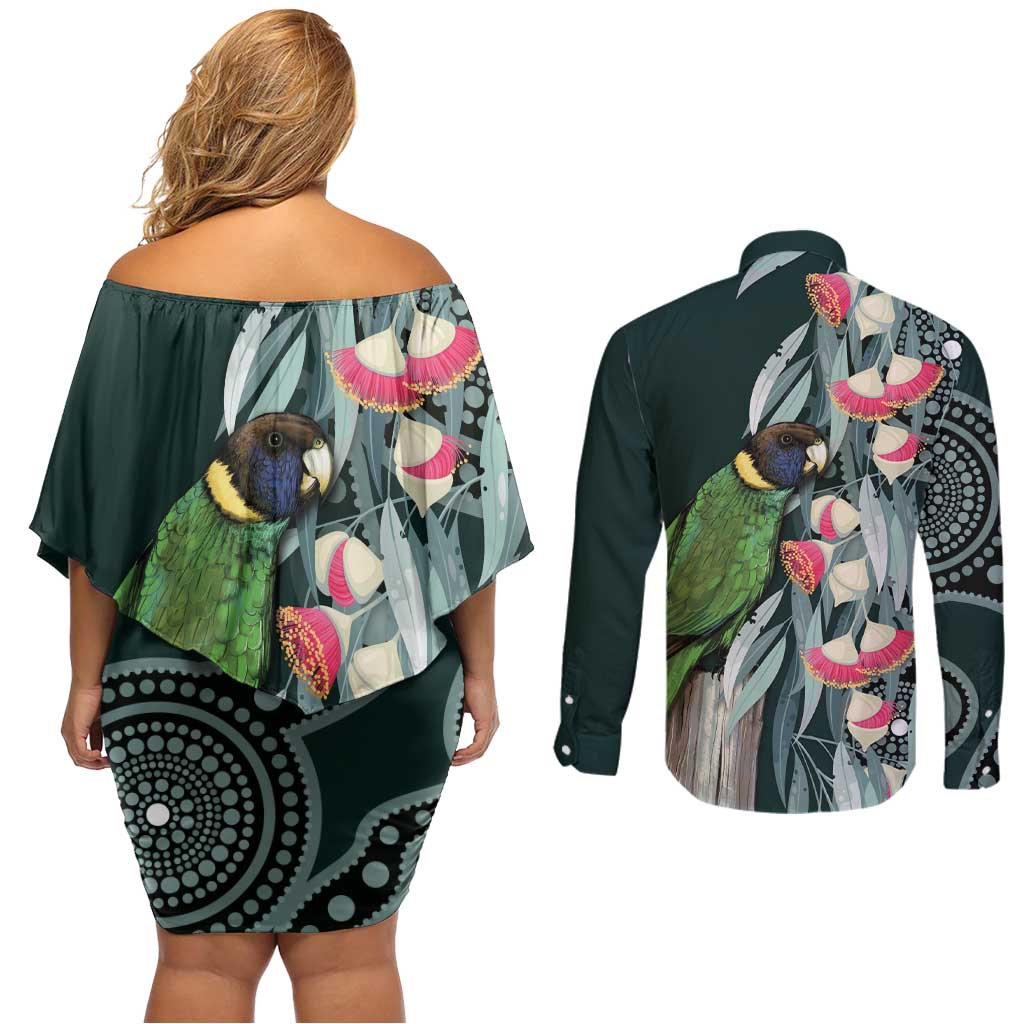 Australian Ringneck Parrot Couples Matching Off Shoulder Short Dress and Long Sleeve Button Shirt Barnardius Zonarius Eucalyptus Flowers Aboriginal Art