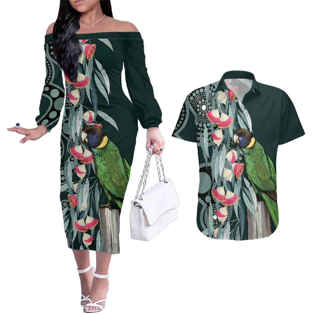 Australian Ringneck Parrot Couples Matching Off The Shoulder Long Sleeve Dress and Hawaiian Shirt Barnardius Zonarius Eucalyptus Flowers Aboriginal Art