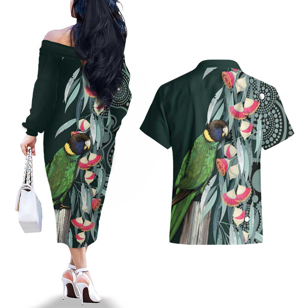 Australian Ringneck Parrot Couples Matching Off The Shoulder Long Sleeve Dress and Hawaiian Shirt Barnardius Zonarius Eucalyptus Flowers Aboriginal Art