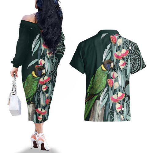 Australian Ringneck Parrot Couples Matching Off The Shoulder Long Sleeve Dress and Hawaiian Shirt Barnardius Zonarius Eucalyptus Flowers Aboriginal Art
